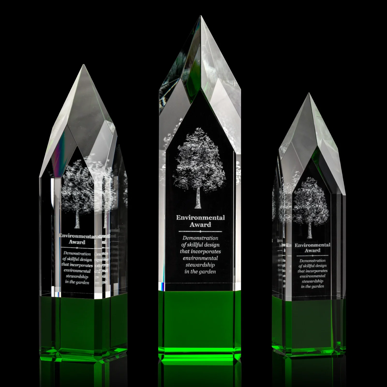 Personalized Emerald and Clear Optical Crystal Tower Award with Subsurface Etching for service anniversary gifts