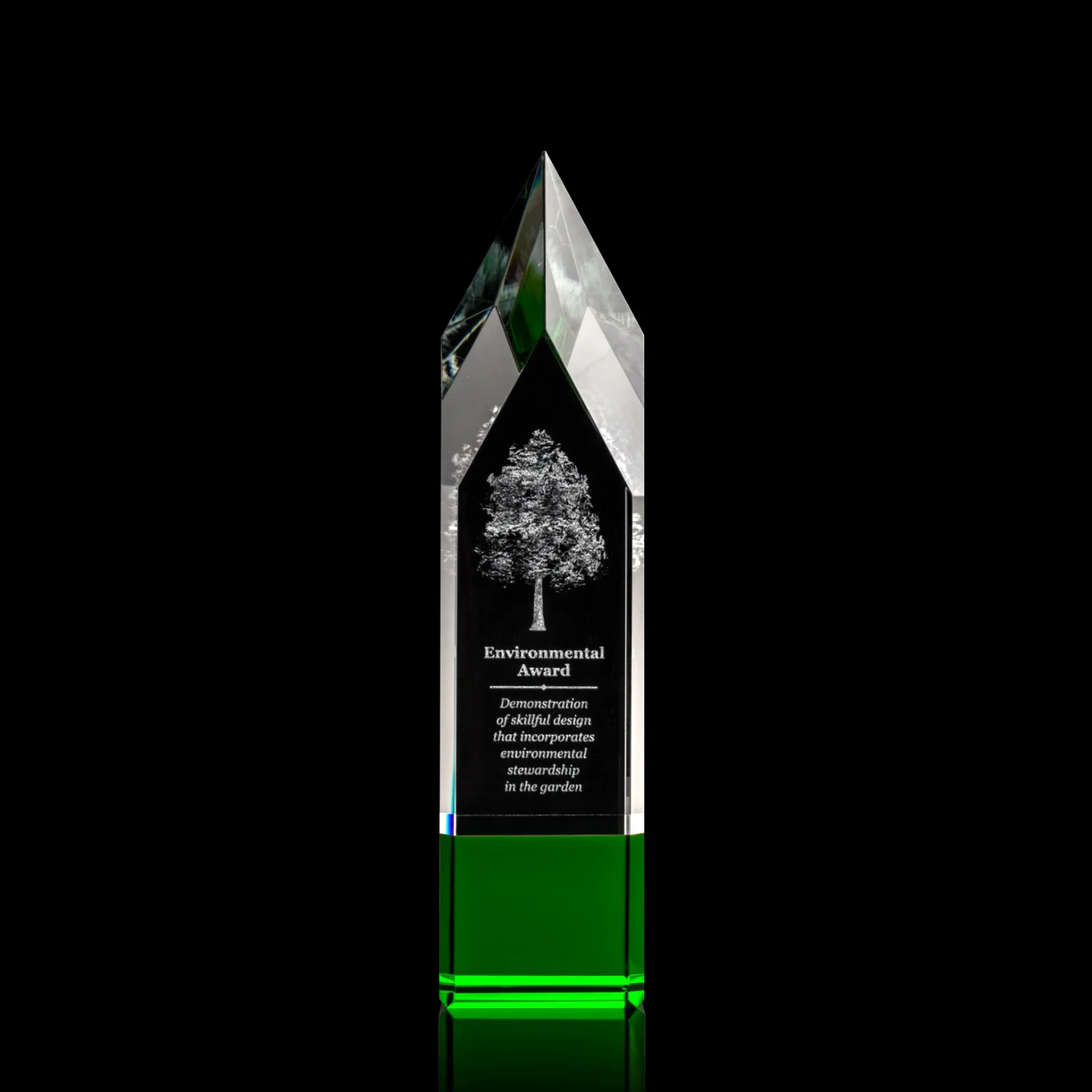 Personalized Emerald and Clear Optical Crystal Tower Award with Subsurface Etching for sales achievement awards