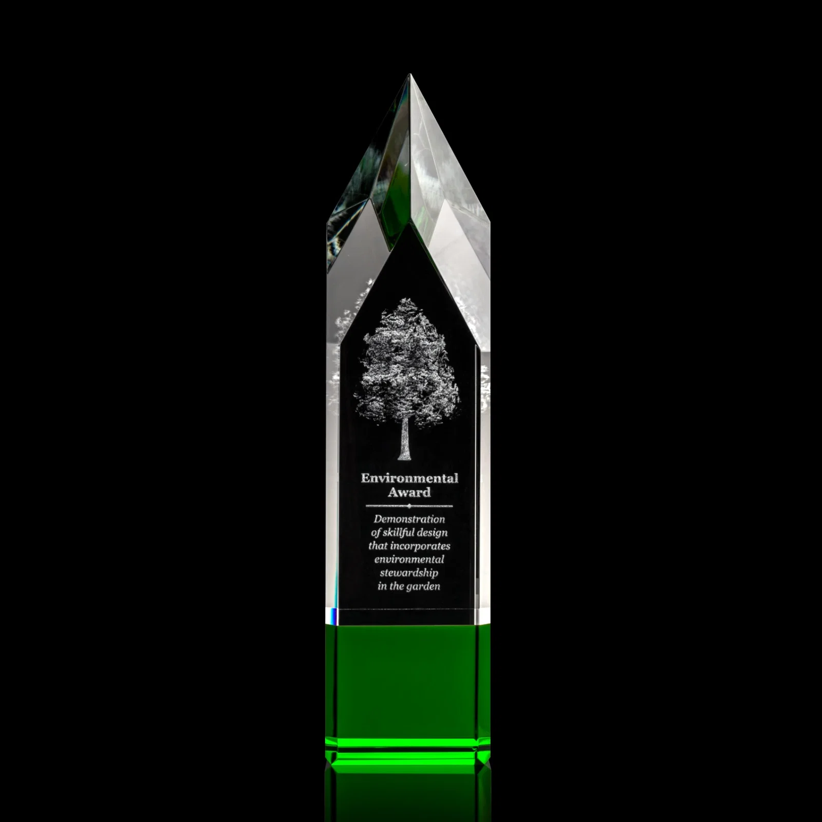 Personalized Emerald and Clear Optical Crystal Tower Award with Subsurface Etching for retirement presentations