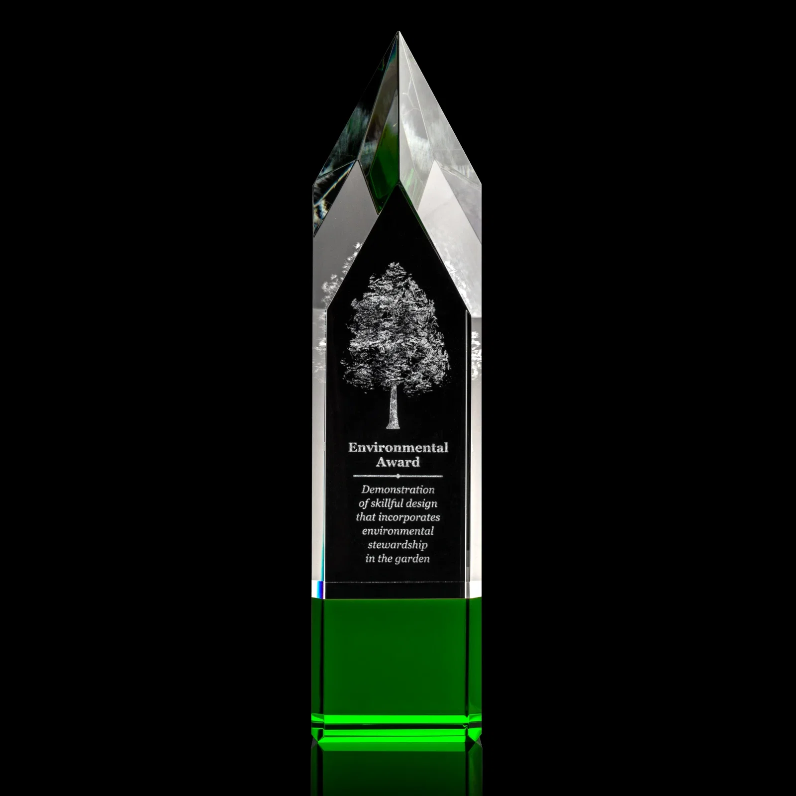 Personalized Emerald and Clear Optical Crystal Tower Award with Subsurface Etching for team milestone celebrations