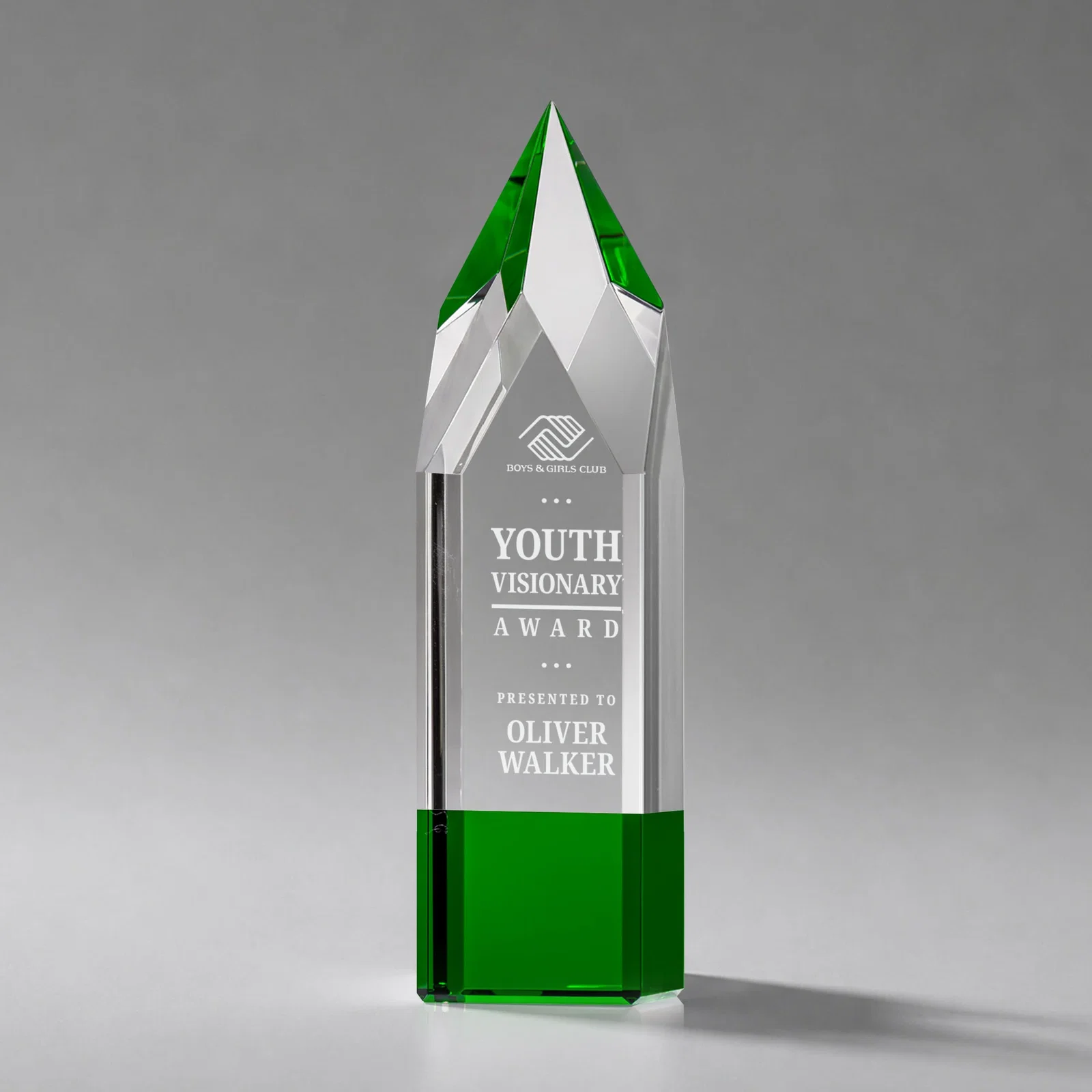 Custom Emerald and Clear Optical Crystal Tower Award with Subsurface Etching for corporate award ceremonies
