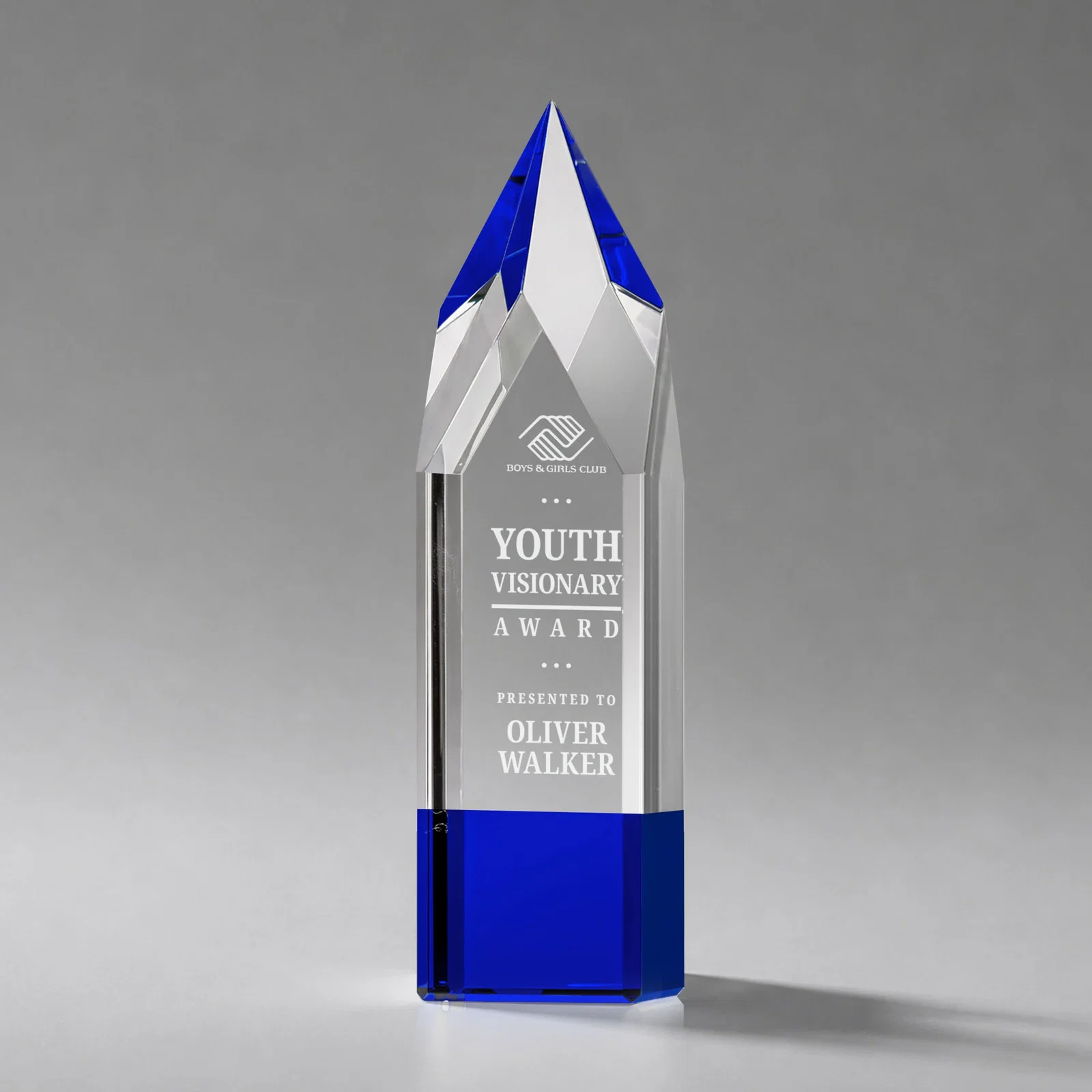 Personalized Emerald and Clear Optical Crystal Tower Award with Subsurface Etching for graduation ceremonies