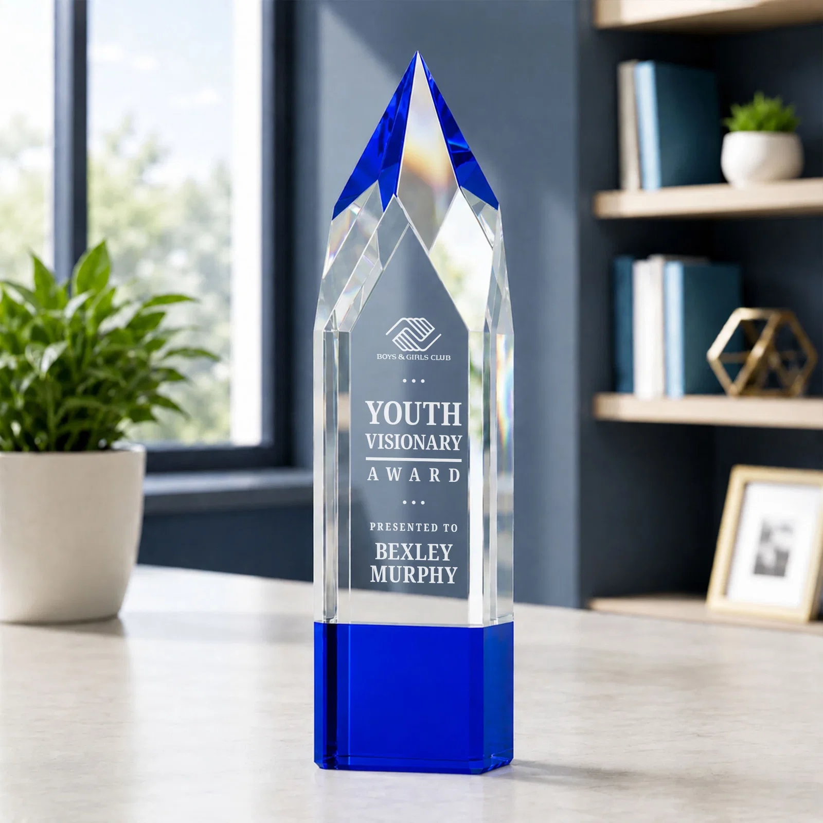 Personalized Emerald and Clear Optical Crystal Tower Award with Subsurface Etching for dealer and partner awards