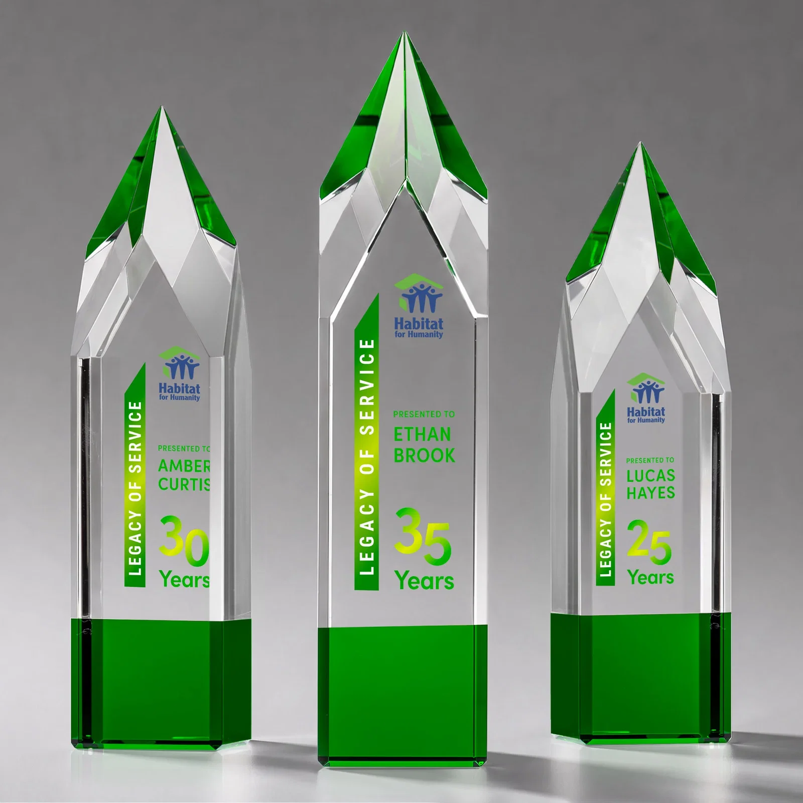 Promotional Emerald and Clear Optical Crystal Tower Award with Subsurface Etching for sales achievement awards