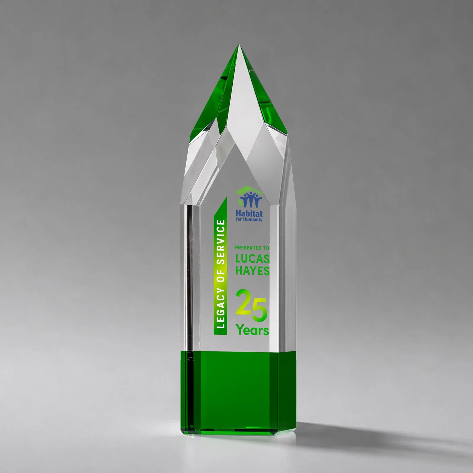 Promotional Emerald and Clear Optical Crystal Tower Award with Subsurface Etching for retirement presentations
