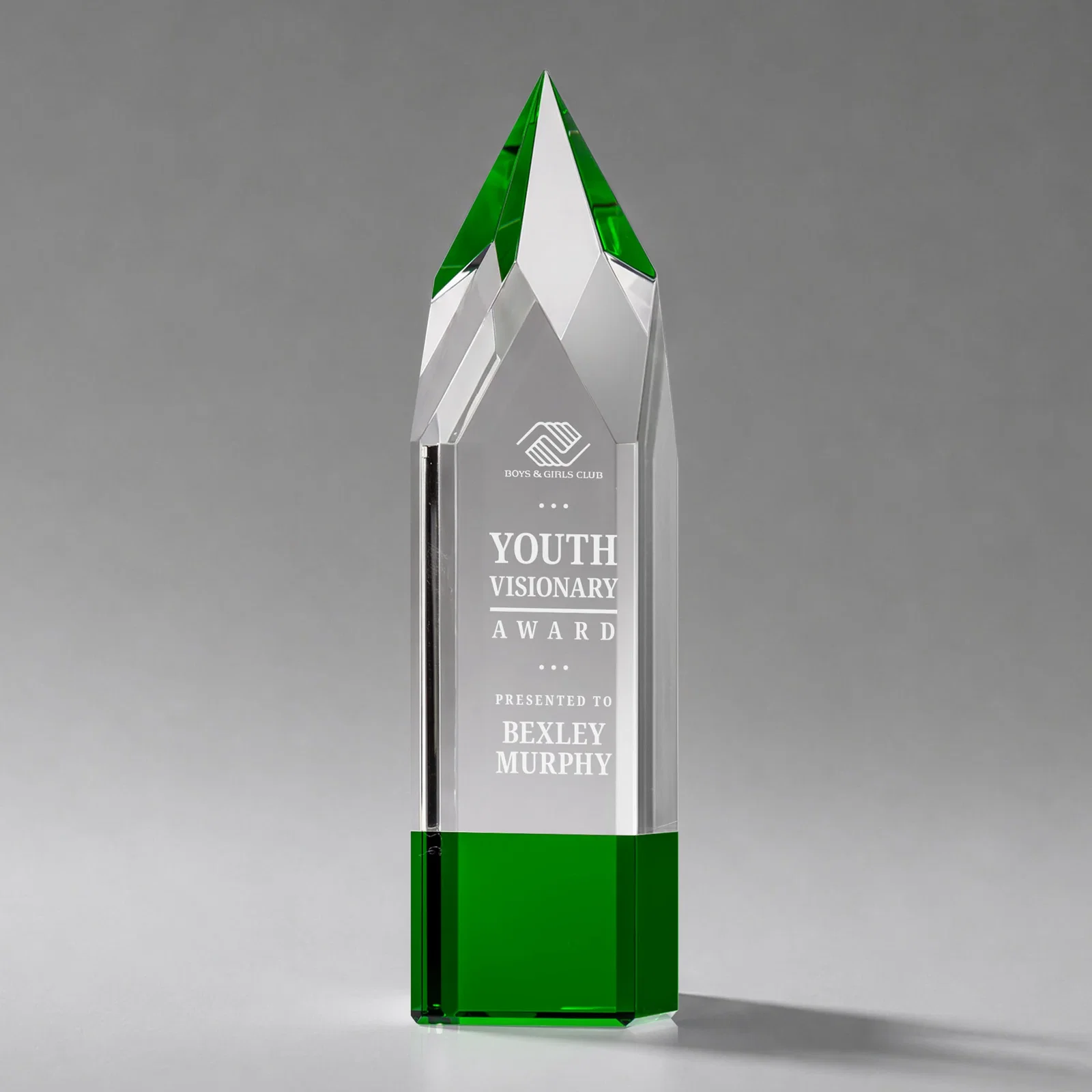 Custom Emerald and Clear Optical Crystal Tower Award with Subsurface Etching for service anniversary gifts