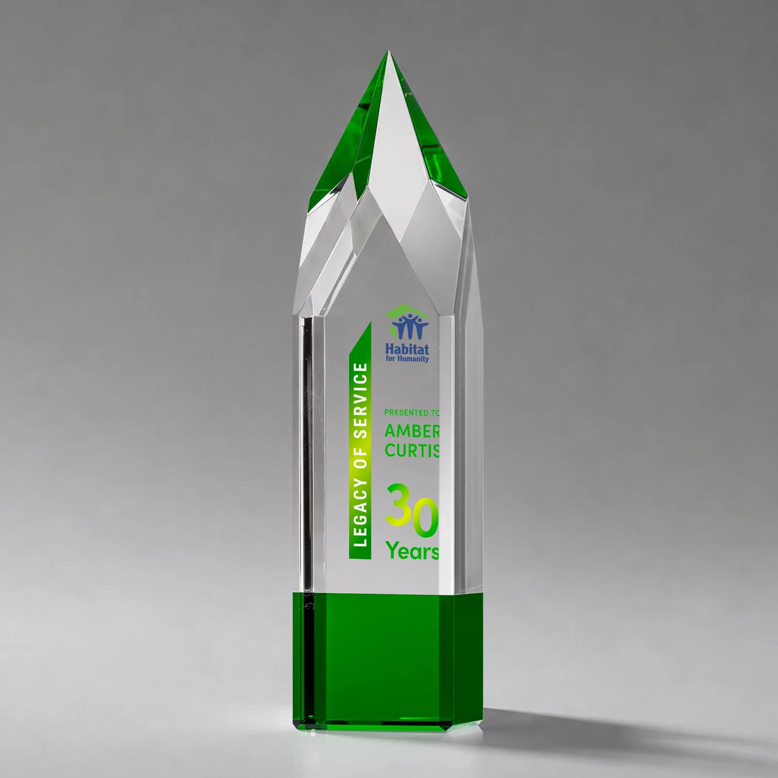 Promotional Emerald and Clear Optical Crystal Tower Award with Subsurface Etching for team milestone celebrations