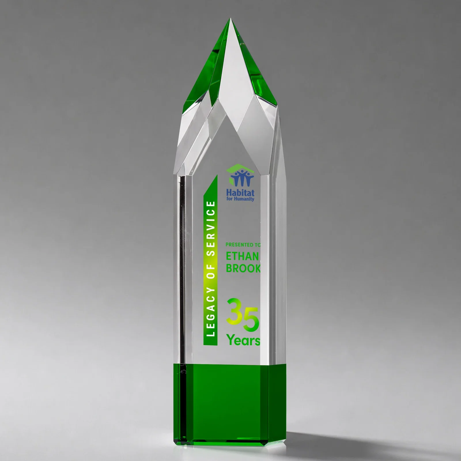 Promotional Emerald and Clear Optical Crystal Tower Award with Subsurface Etching for donor appreciation