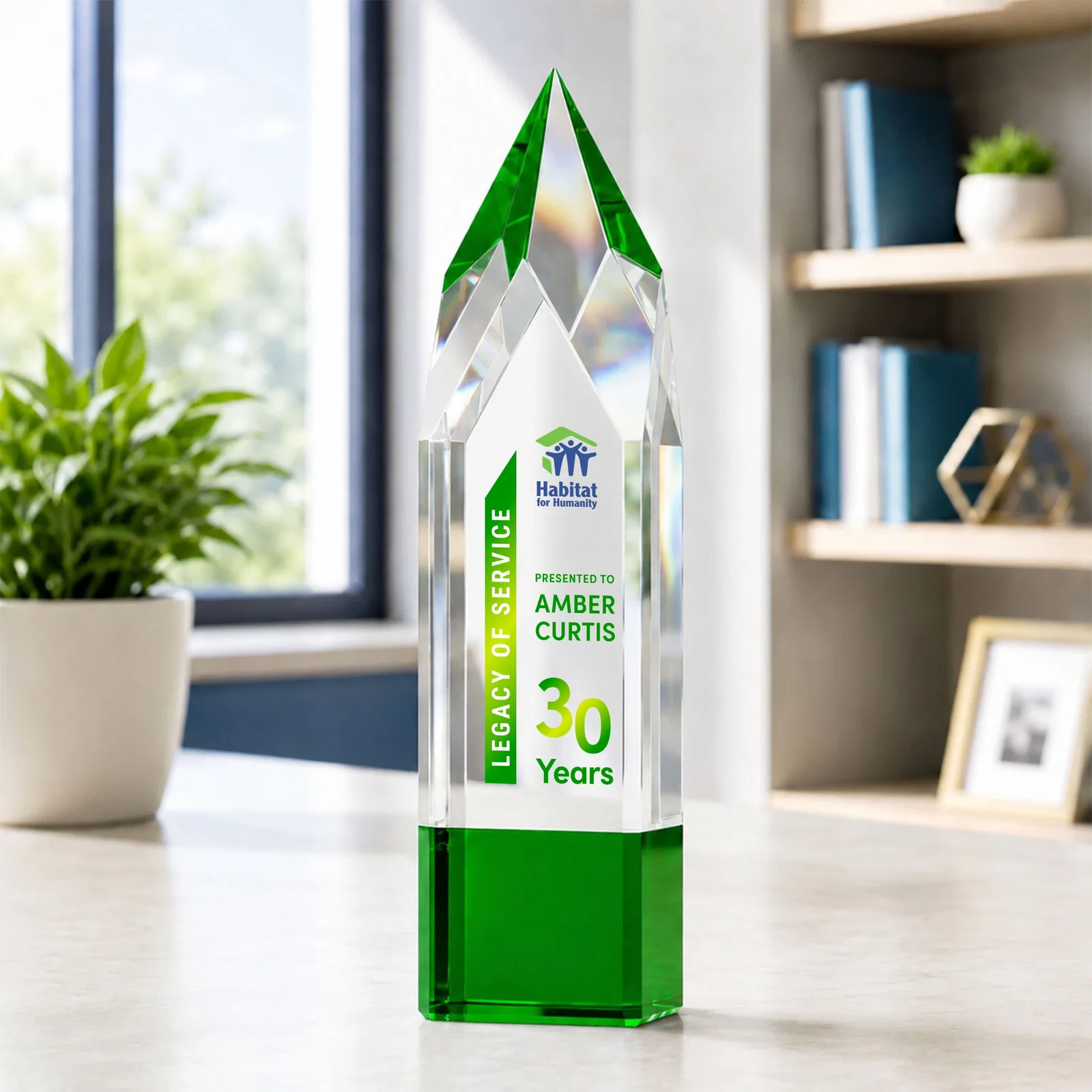 Promotional Emerald and Clear Optical Crystal Tower Award with Subsurface Etching for graduation ceremonies
