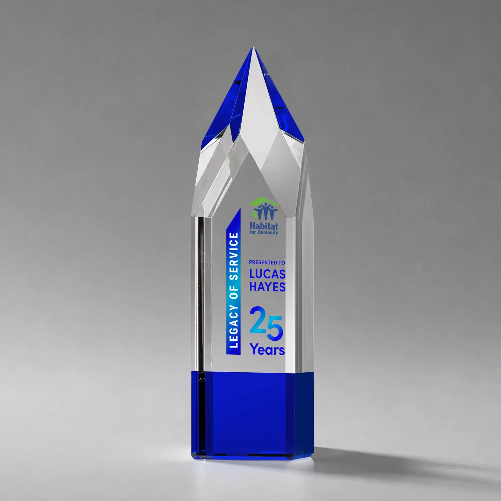 Promotional Emerald and Clear Optical Crystal Tower Award with Subsurface Etching for volunteer appreciation