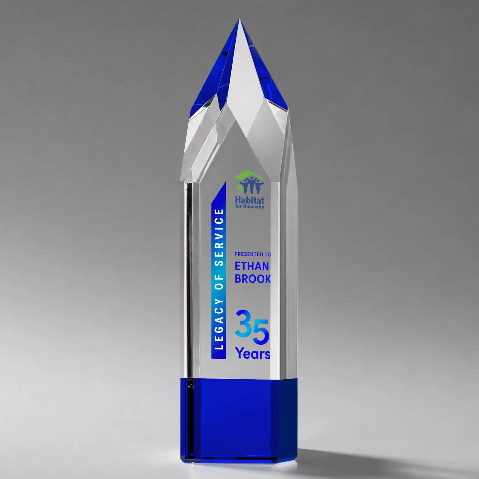 Promotional Emerald and Clear Optical Crystal Tower Award with Subsurface Etching for company anniversary events