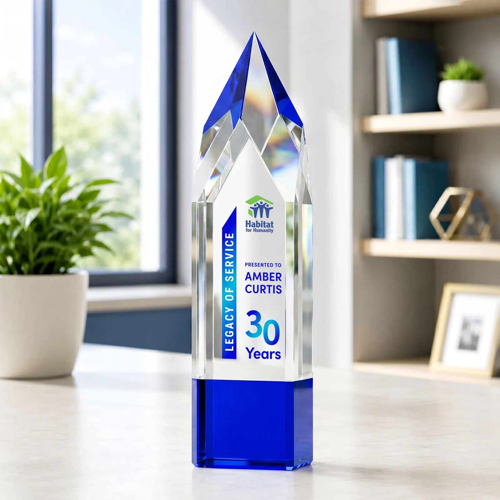 Branded Emerald and Clear Optical Crystal Tower Award with Subsurface Etching for employee recognition