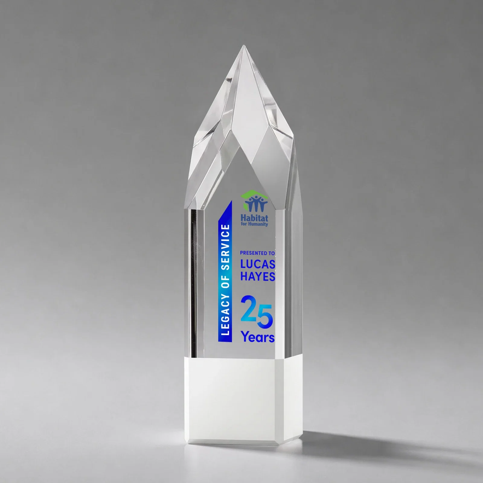Branded Emerald and Clear Optical Crystal Tower Award with Subsurface Etching for service anniversary gifts