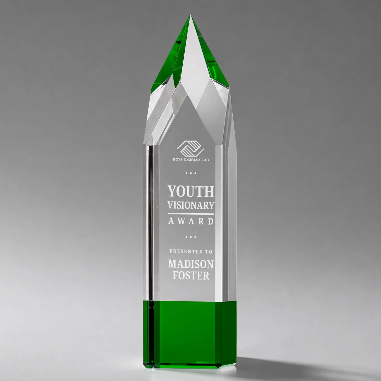 Custom Emerald and Clear Optical Crystal Tower Award with Subsurface Etching for sales achievement awards