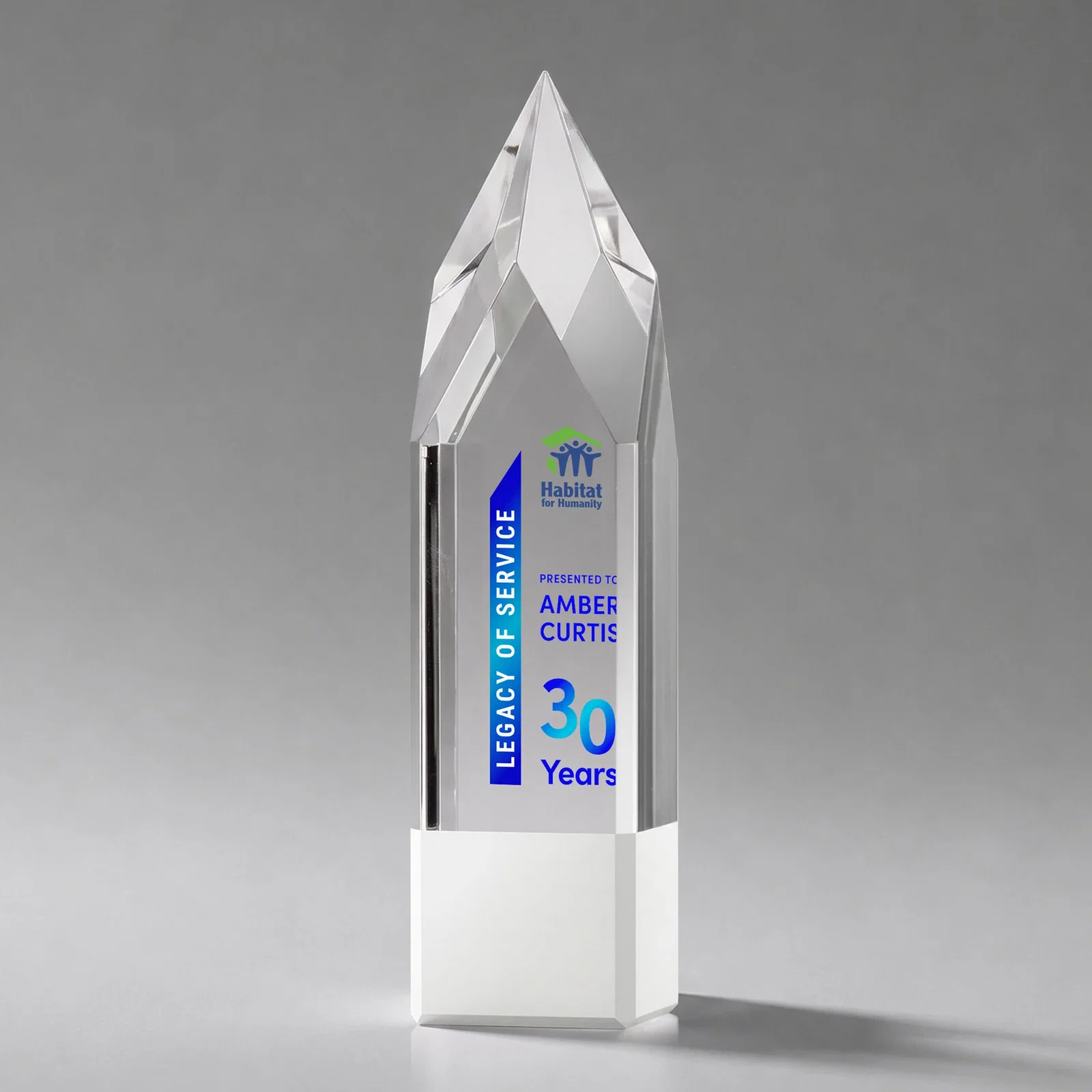 Branded Emerald and Clear Optical Crystal Tower Award with Subsurface Etching for sales achievement awards
