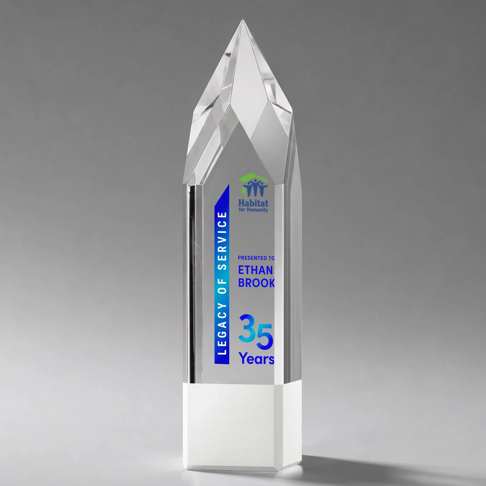 Branded Emerald and Clear Optical Crystal Tower Award with Subsurface Etching for retirement presentations