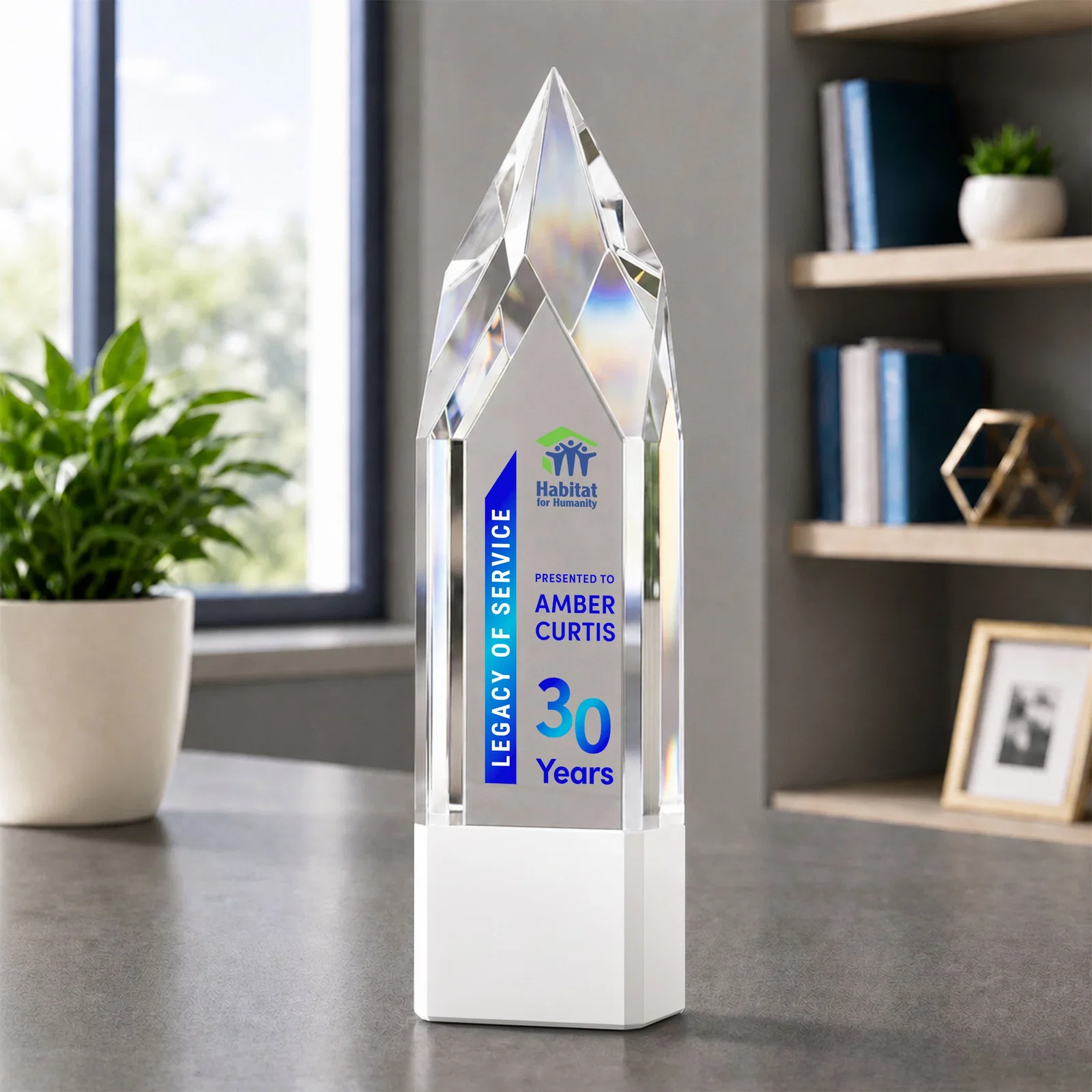 Branded Emerald and Clear Optical Crystal Tower Award with Subsurface Etching for team milestone celebrations