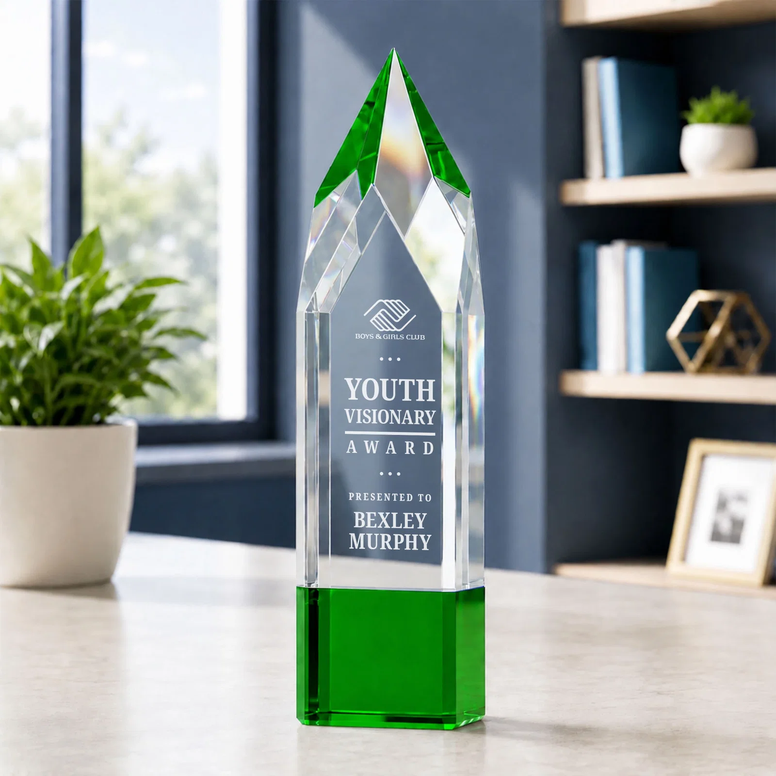Custom Emerald and Clear Optical Crystal Tower Award with Subsurface Etching for retirement presentations