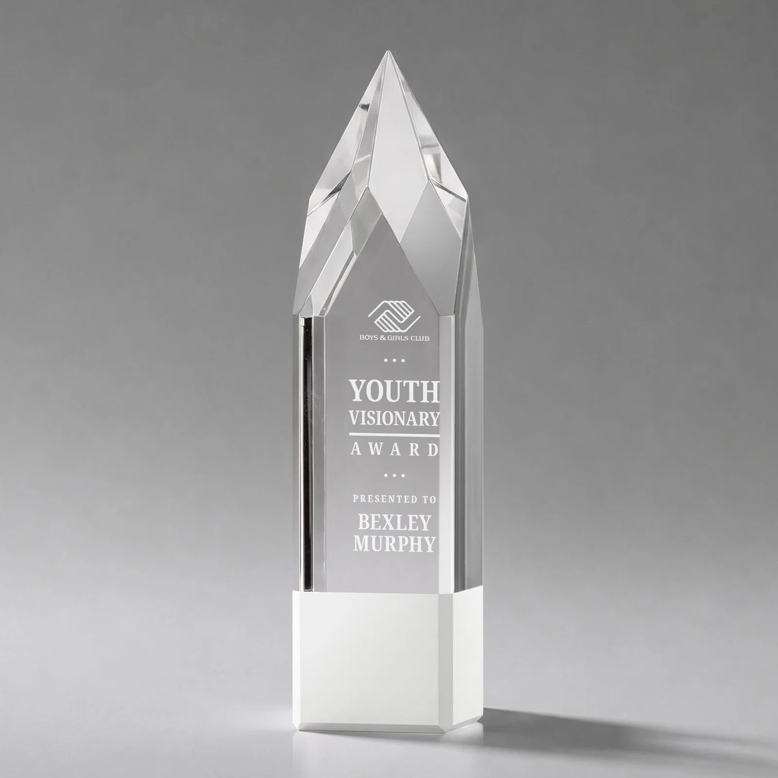 Custom Emerald and Clear Optical Crystal Tower Award with Subsurface Etching for donor appreciation