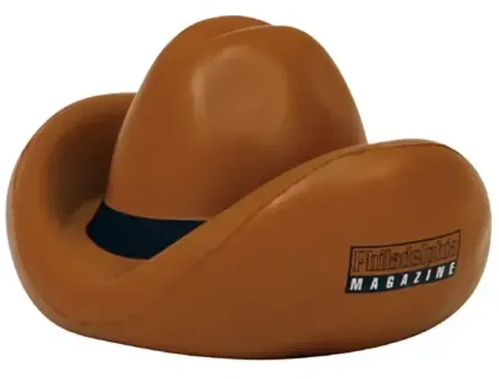 Custom Cowboy Hat Stress Reliever top view, logo-ready western hat squeeze toy for trade show giveaways