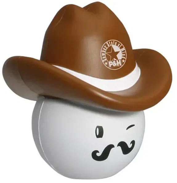 Custom Cowboy Mad Cap Stress Reliever, branded cowboy character squeeze toy with logo print for rodeos