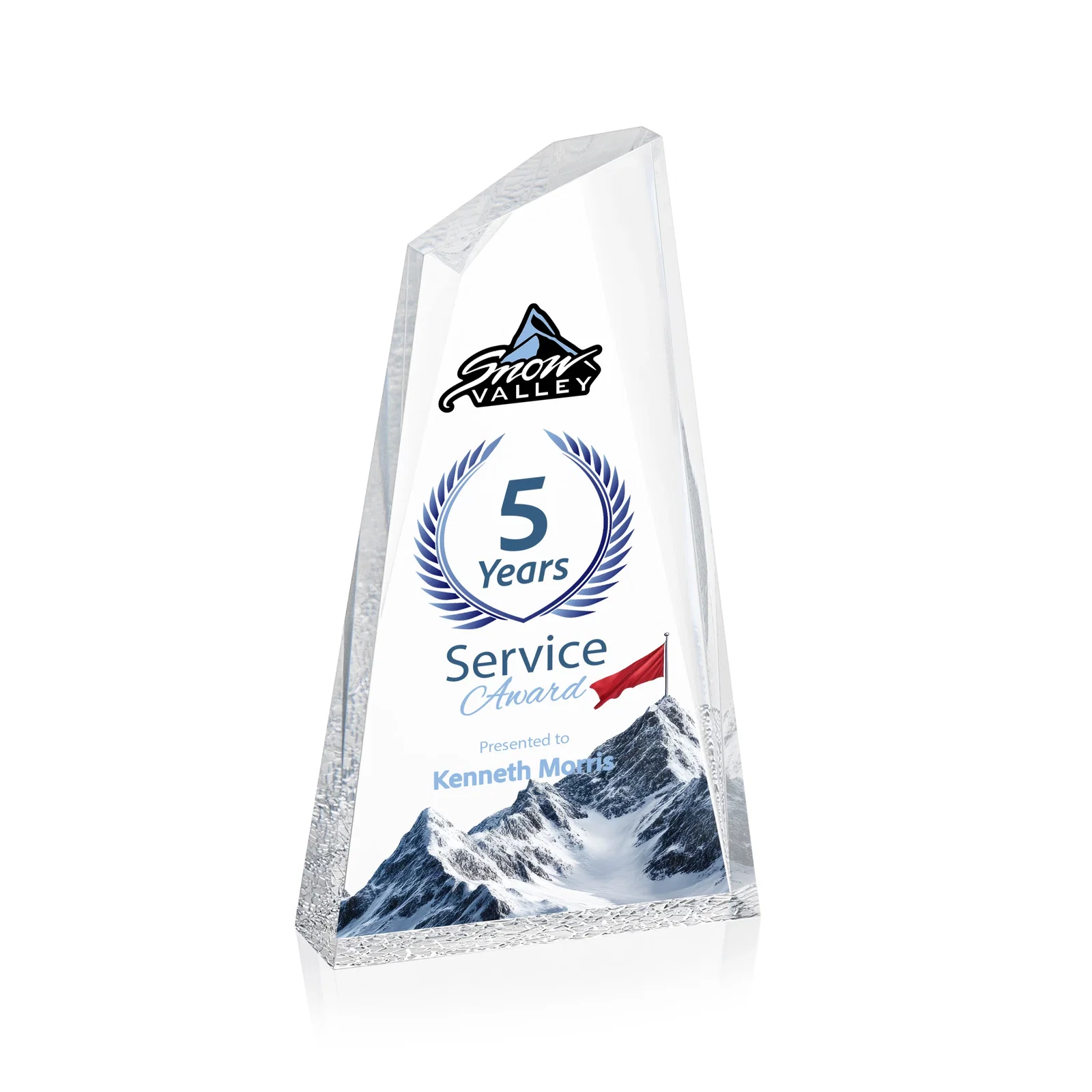 Custom Acrylic Award with Crackle Base and Right-Facing Peak for volunteer appreciation