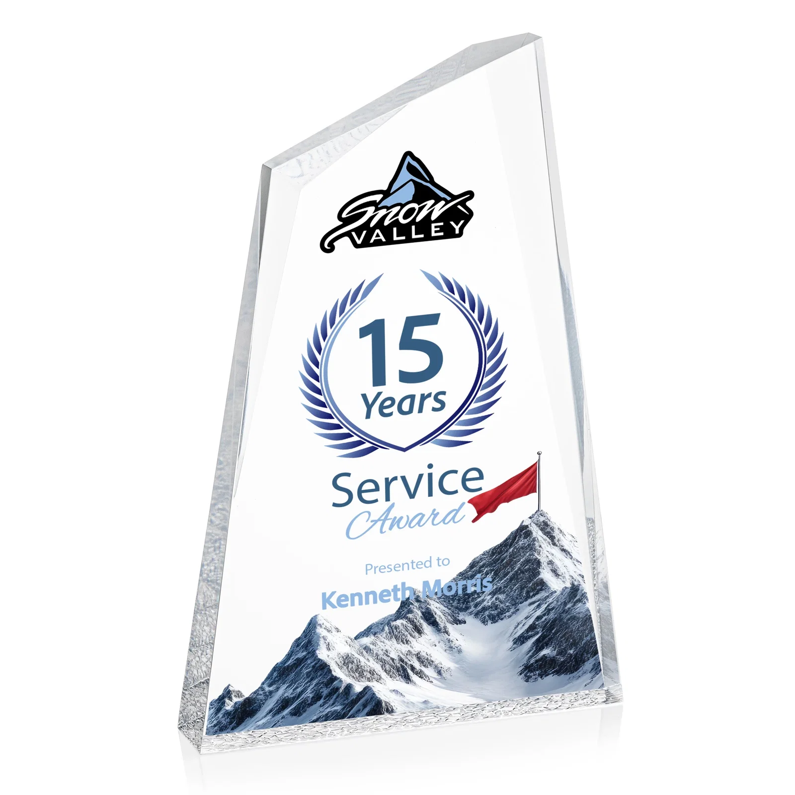Custom Acrylic Award with Crackle Base and Right-Facing Peak for company anniversary events