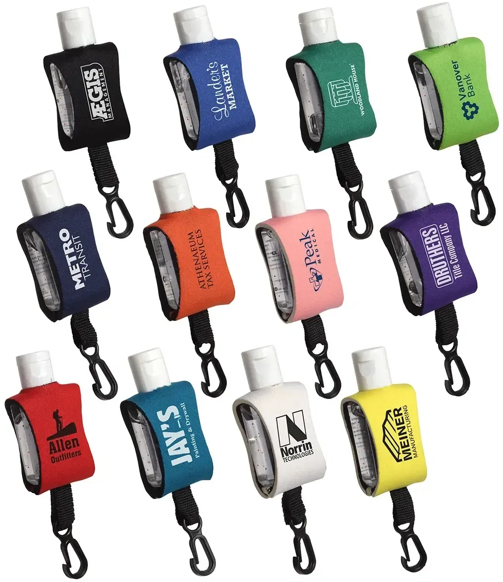 Branded Cozy Clip gel hand sanitizer, clip-on neoprene case in an alternate color