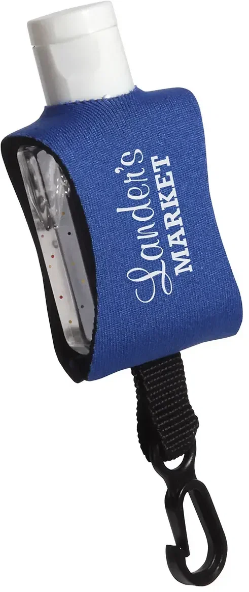 Custom logo Cozy Clip gel hand sanitizer clipped to a bag strap