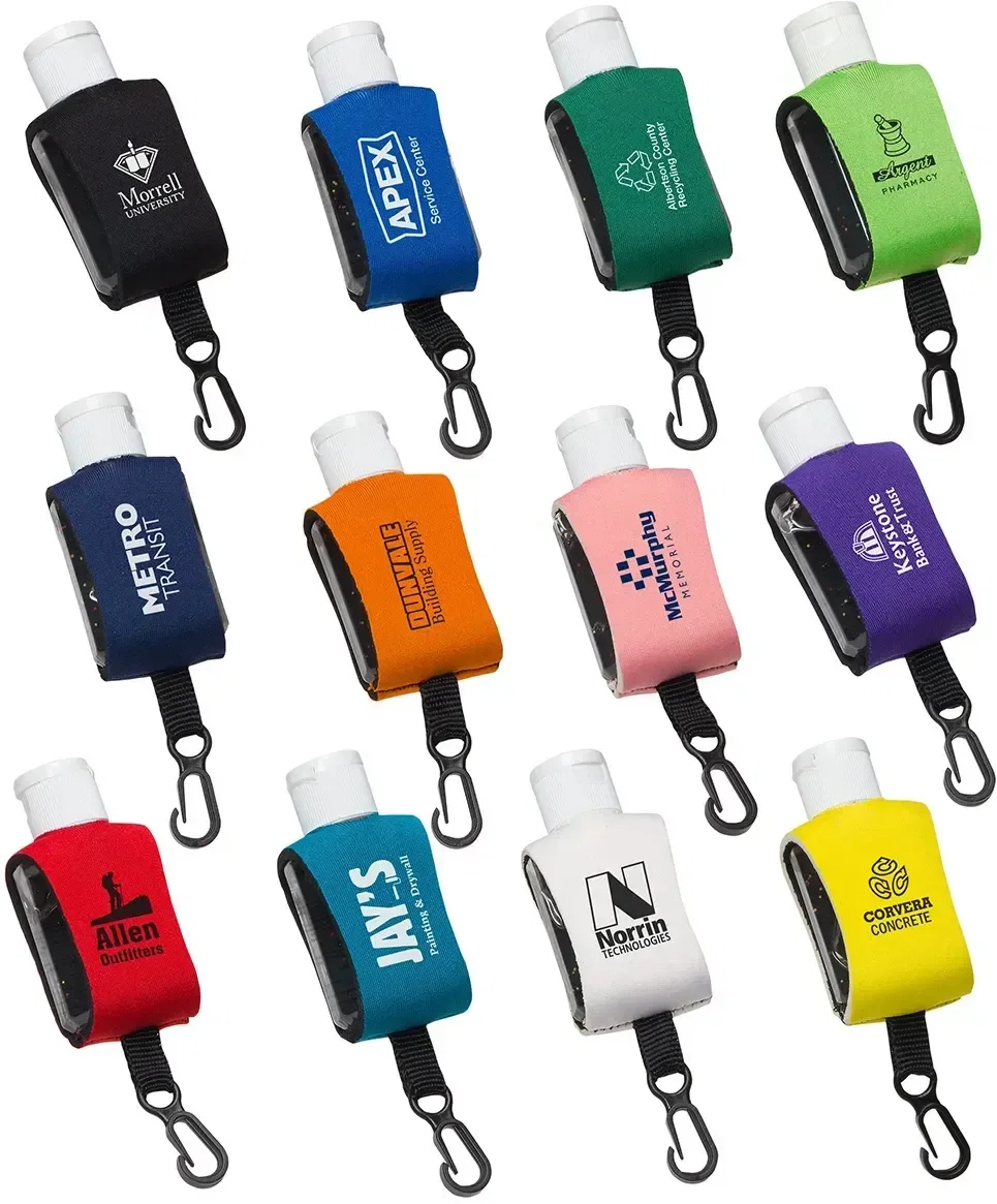 Custom Cozy Clip gel hand sanitizer in neoprene case with branded logo, front view