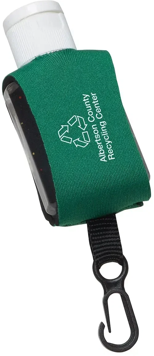 Promotional Cozy Clip gel hand sanitizer, side view of clip-on neoprene case
