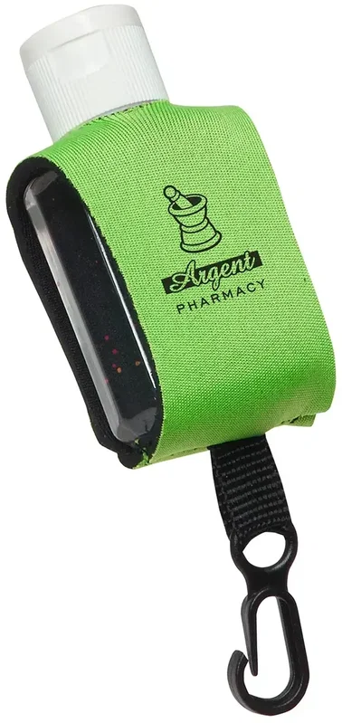 Branded Cozy Clip gel hand sanitizer, larger 1 oz size front view