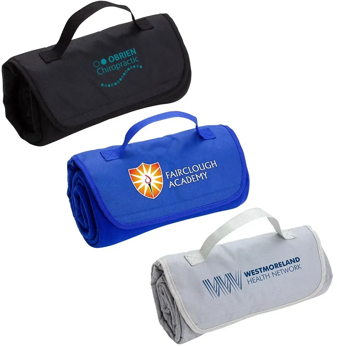 Custom branded CozyRoll fleece blanket rolled with its handle, front view of the promotional blanket with logo