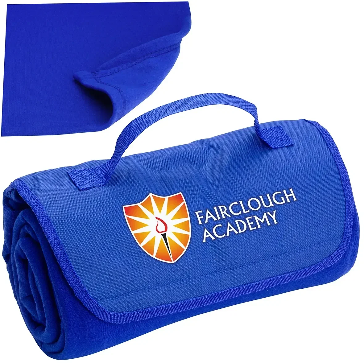 Branded CozyRoll sweatshirt fleece blanket unrolled and spread, custom promotional blanket for games