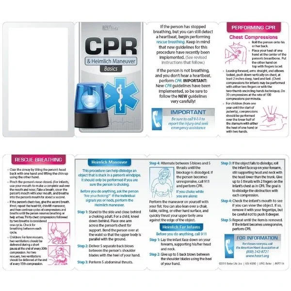 CPR & Heimlich Maneuver Guide Card back panel with Heimlich maneuver instructions