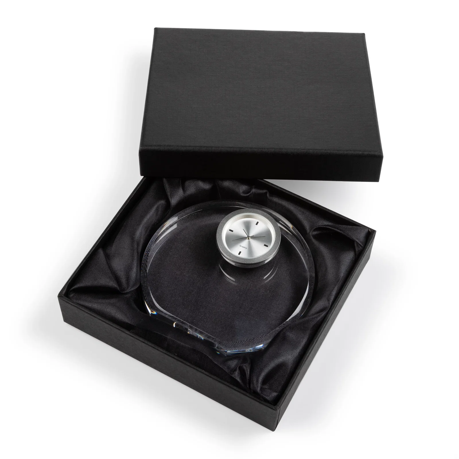 Custom Arched Optical Crystal Desk Clock with Rounded Base for corporate award ceremonies