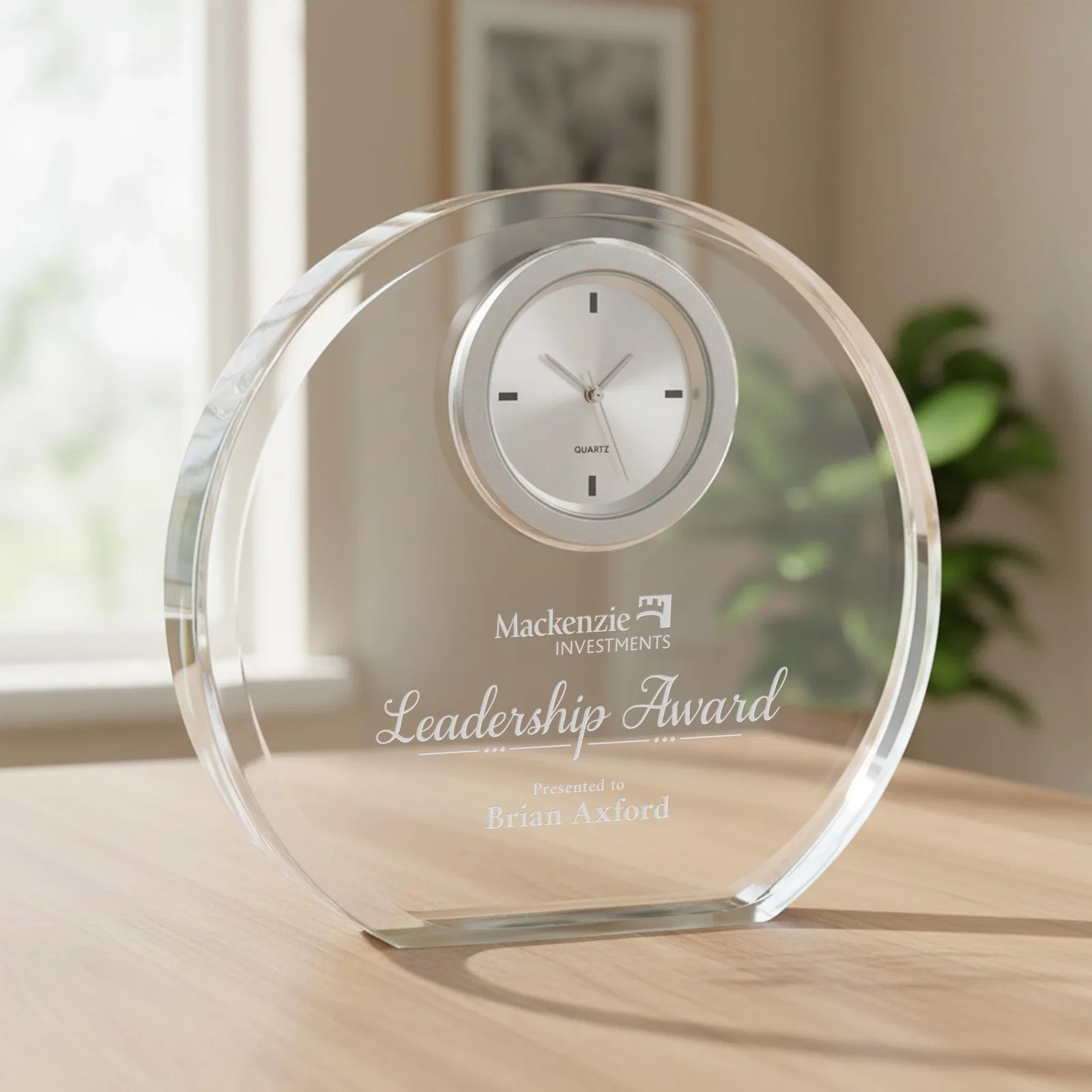 Custom Arched Optical Crystal Desk Clock with Rounded Base for service anniversary gifts