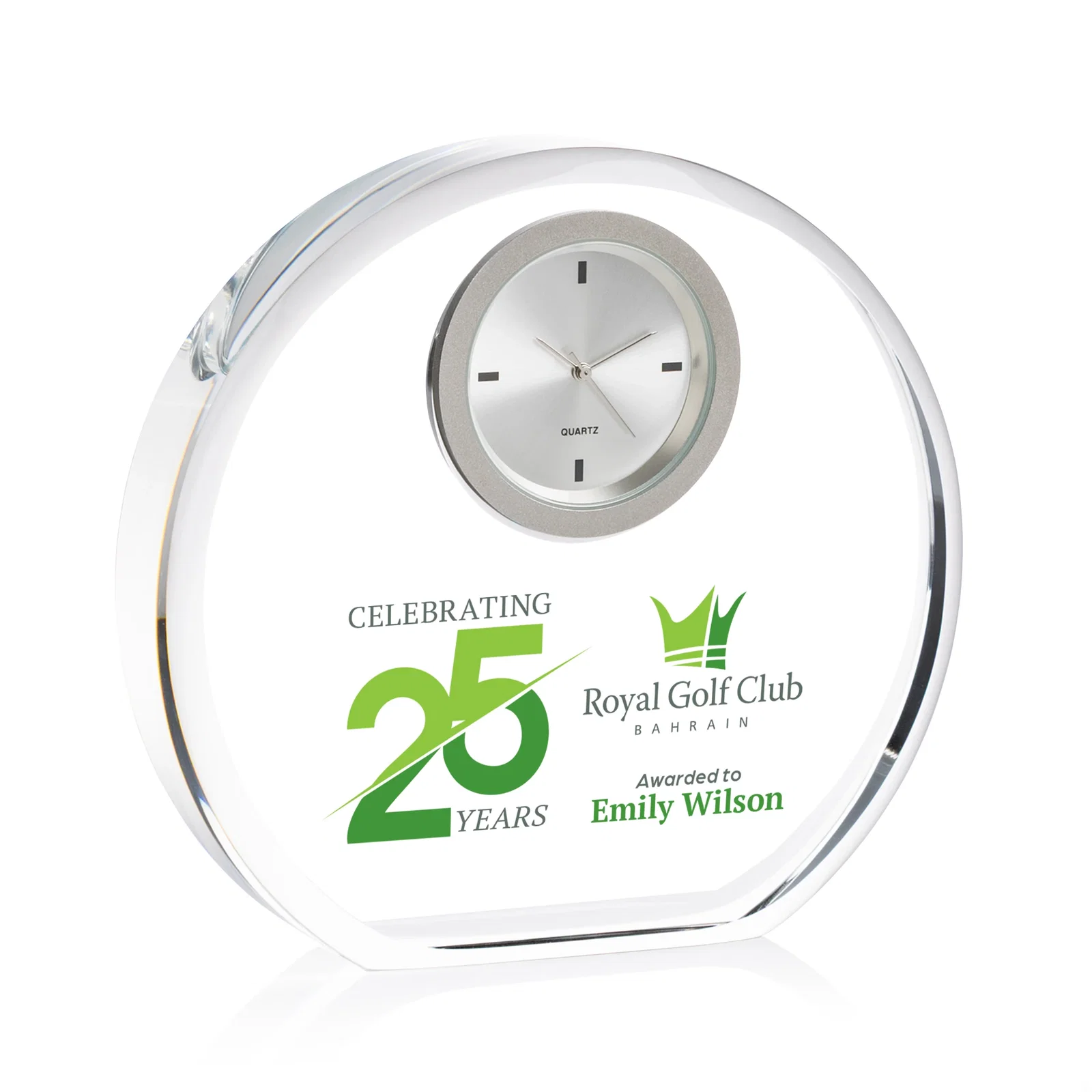 Custom Arched Optical Crystal Desk Clock with Rounded Base for sales achievement awards