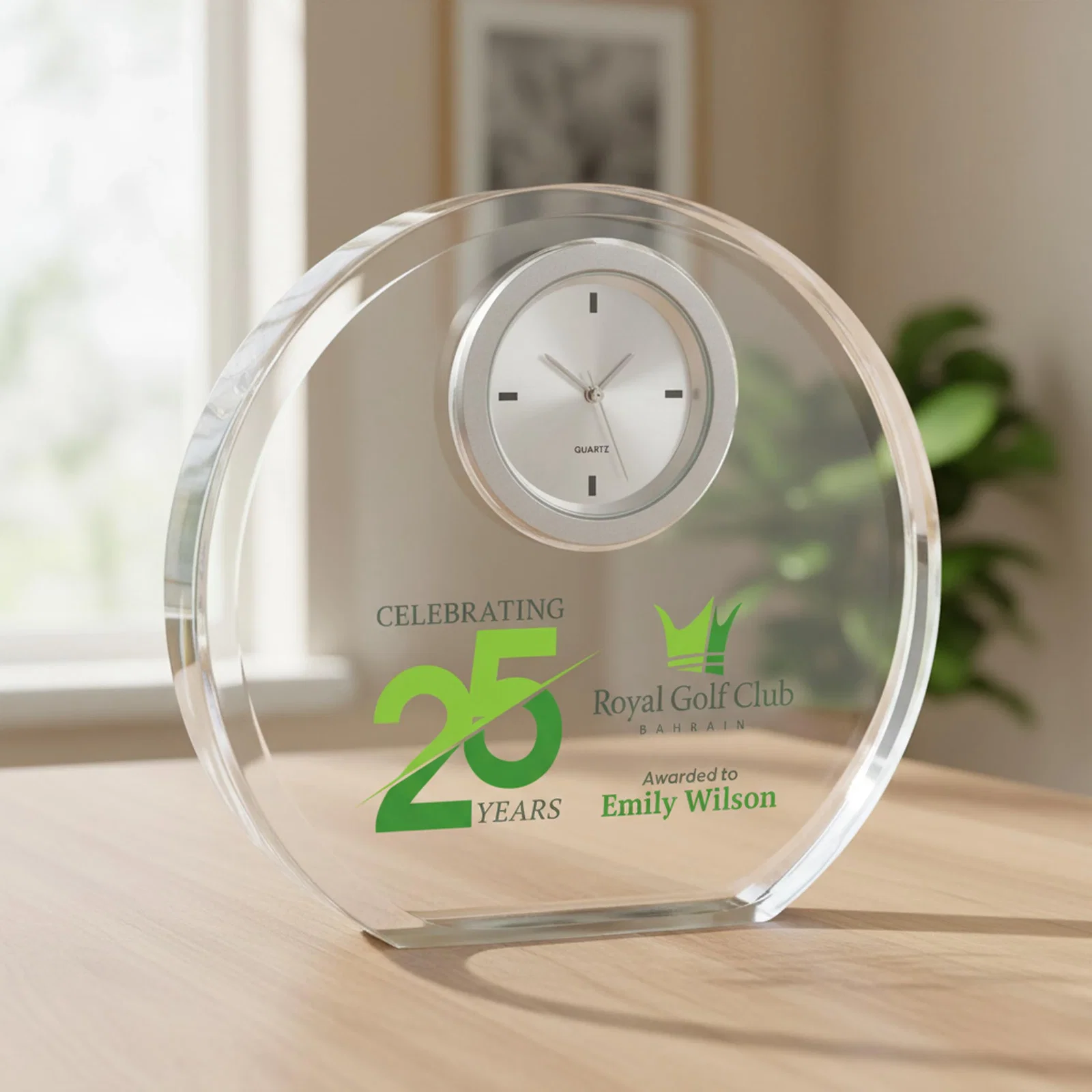 Custom Arched Optical Crystal Desk Clock with Rounded Base for retirement presentations