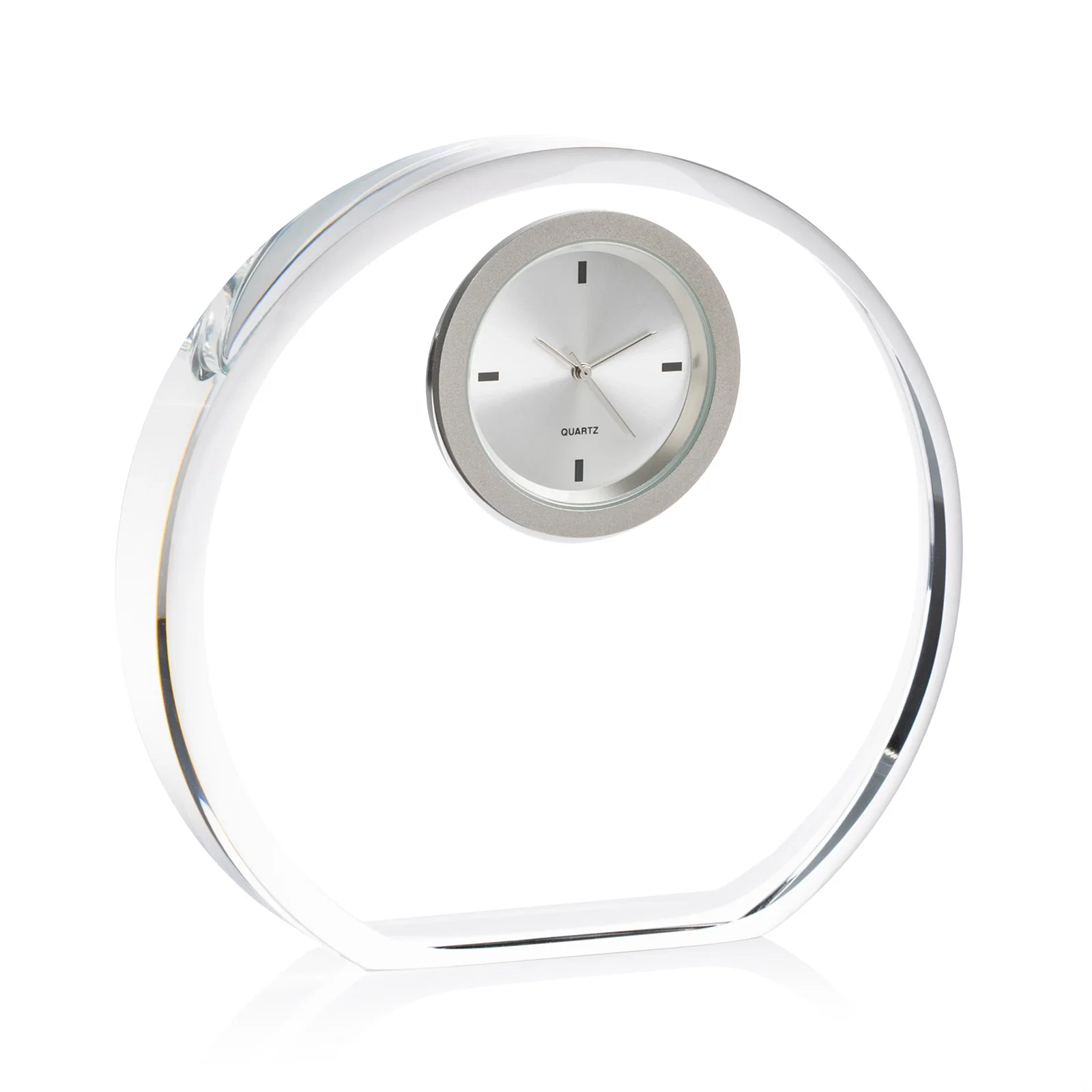 Custom Arched Optical Crystal Desk Clock with Rounded Base for team milestone celebrations