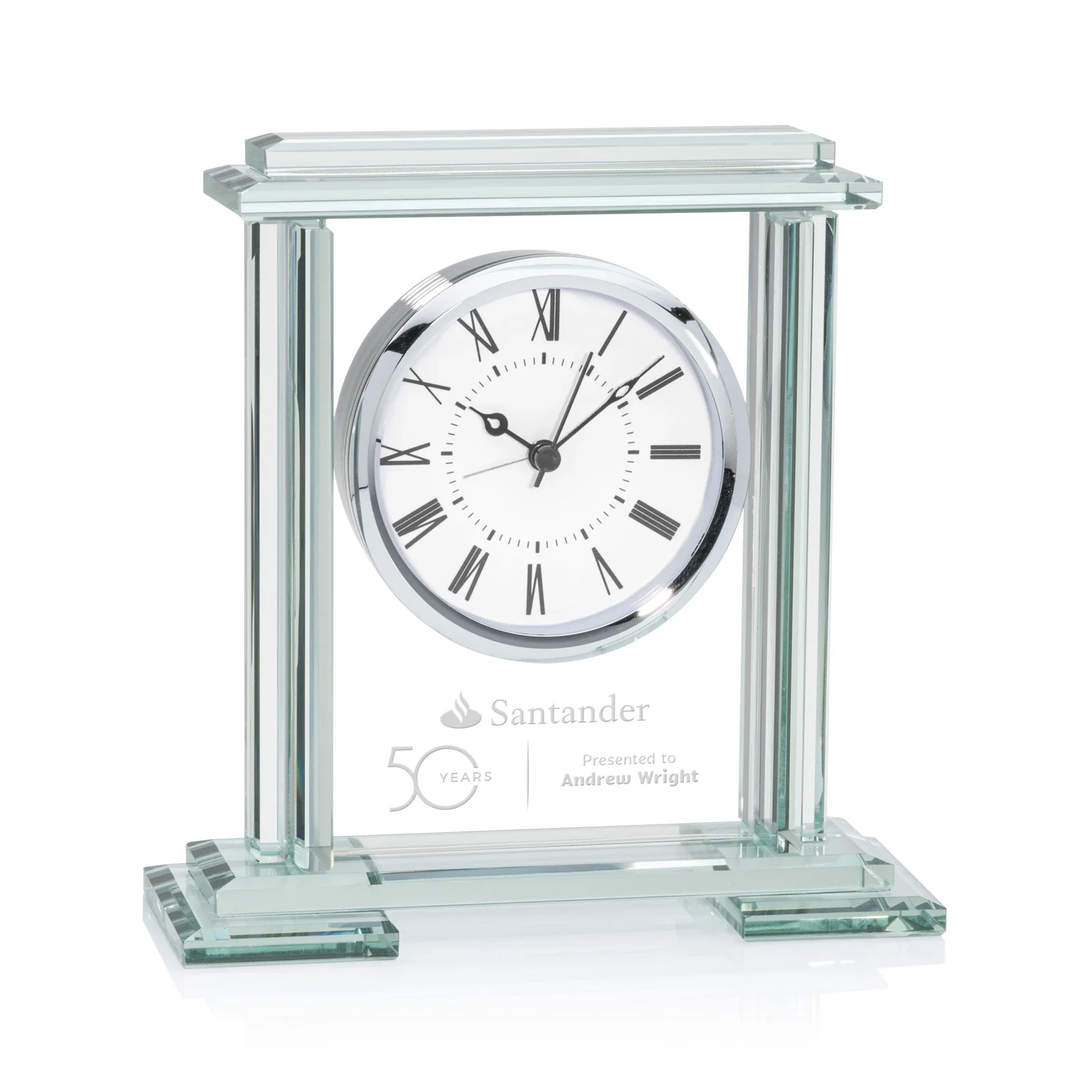 Custom Jade Glass Desk Clock With Chrome Accents and Double-Stepped Base for employee recognition