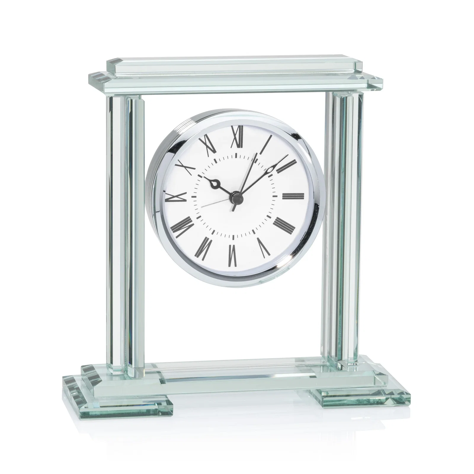 Custom Jade Glass Desk Clock With Chrome Accents and Double-Stepped Base for corporate award ceremonies