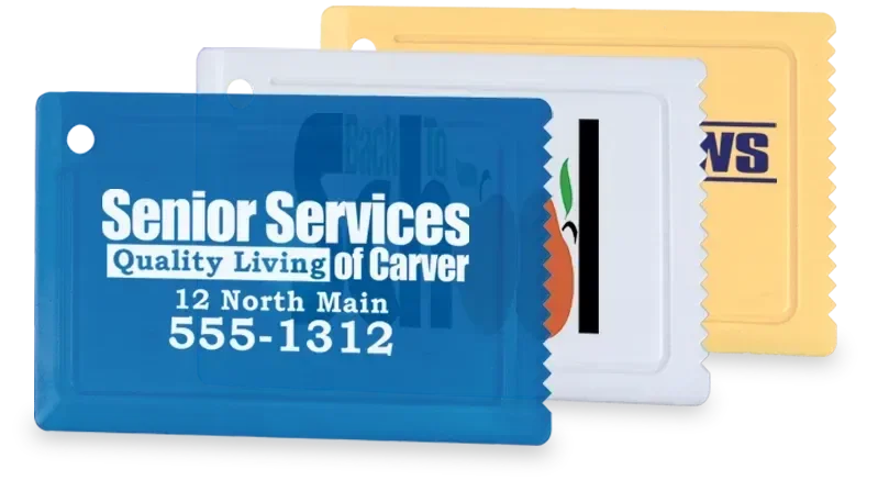 Custom Credit Card Ice Scraper. Wallet-sized polycarbonate ice scraper for clearing windshield frost in winter