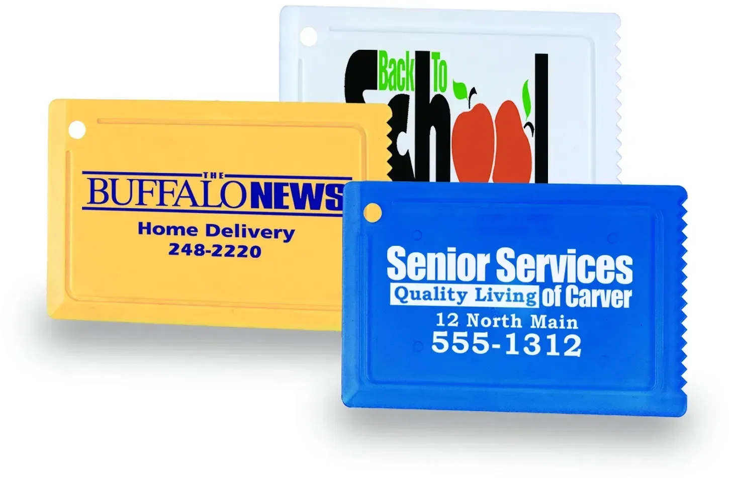 Custom Credit Card Ice Scraper. Wallet-sized polycarbonate ice scraper for clearing windshield frost in winter, view 5