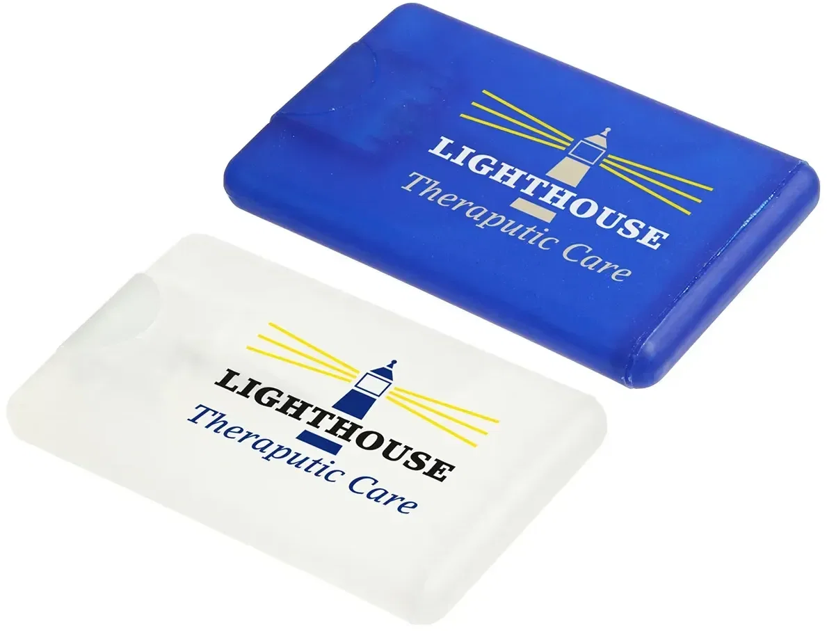 Custom credit card spray hand sanitizer with branded logo, flat front view