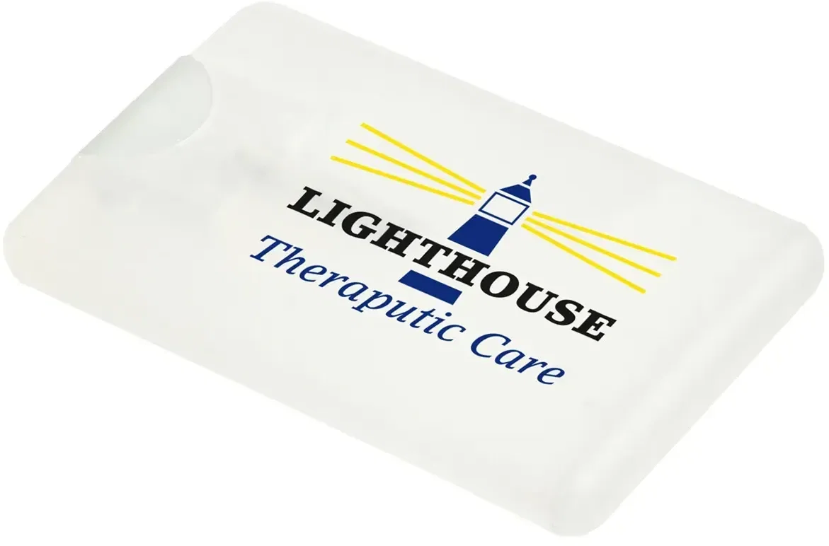 Promotional credit card spray hand sanitizer, close-up of spray nozzle