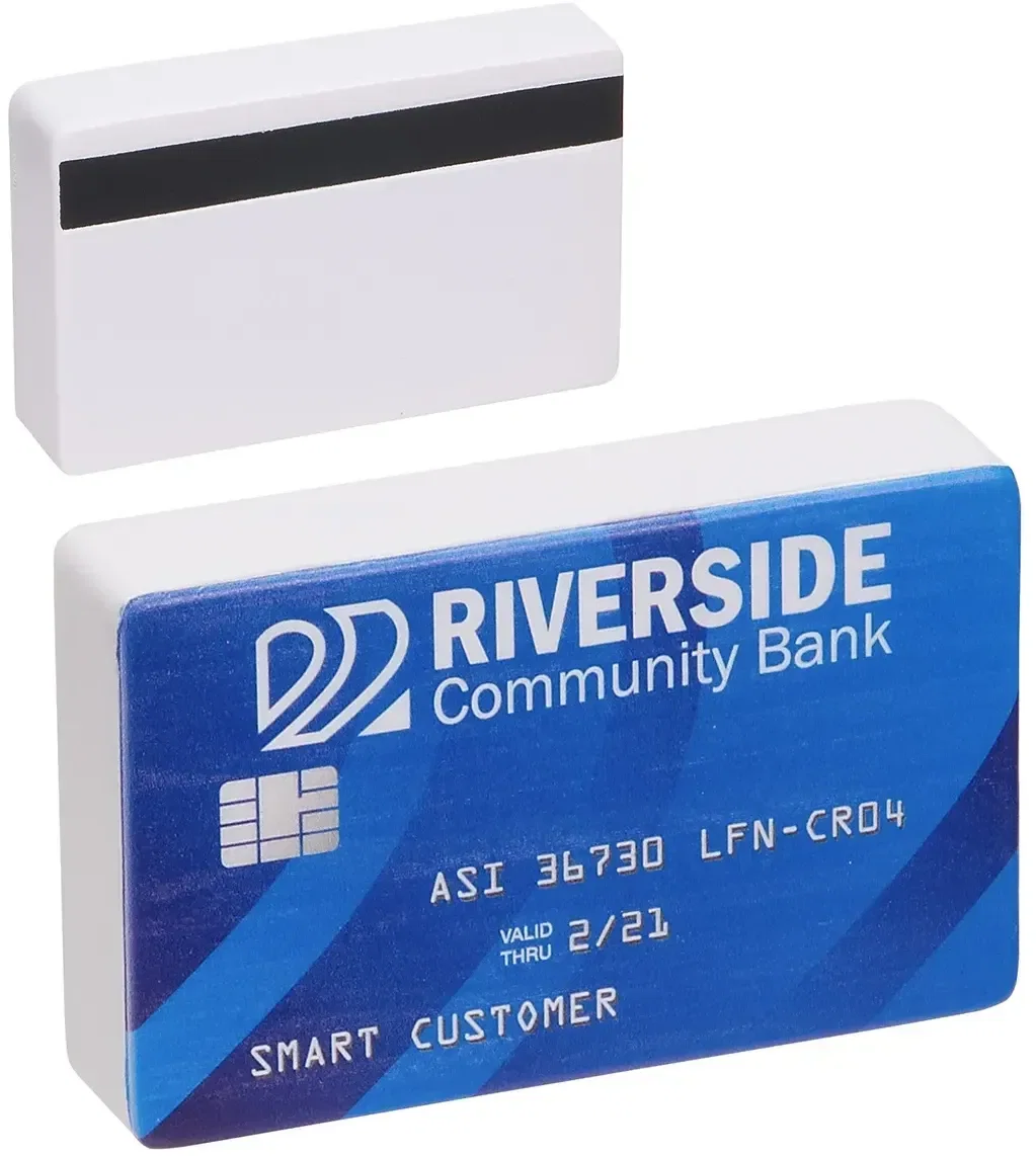 Custom Credit Card Stress Reliever, promotional credit-card shaped foam squeeze toy with branded logo