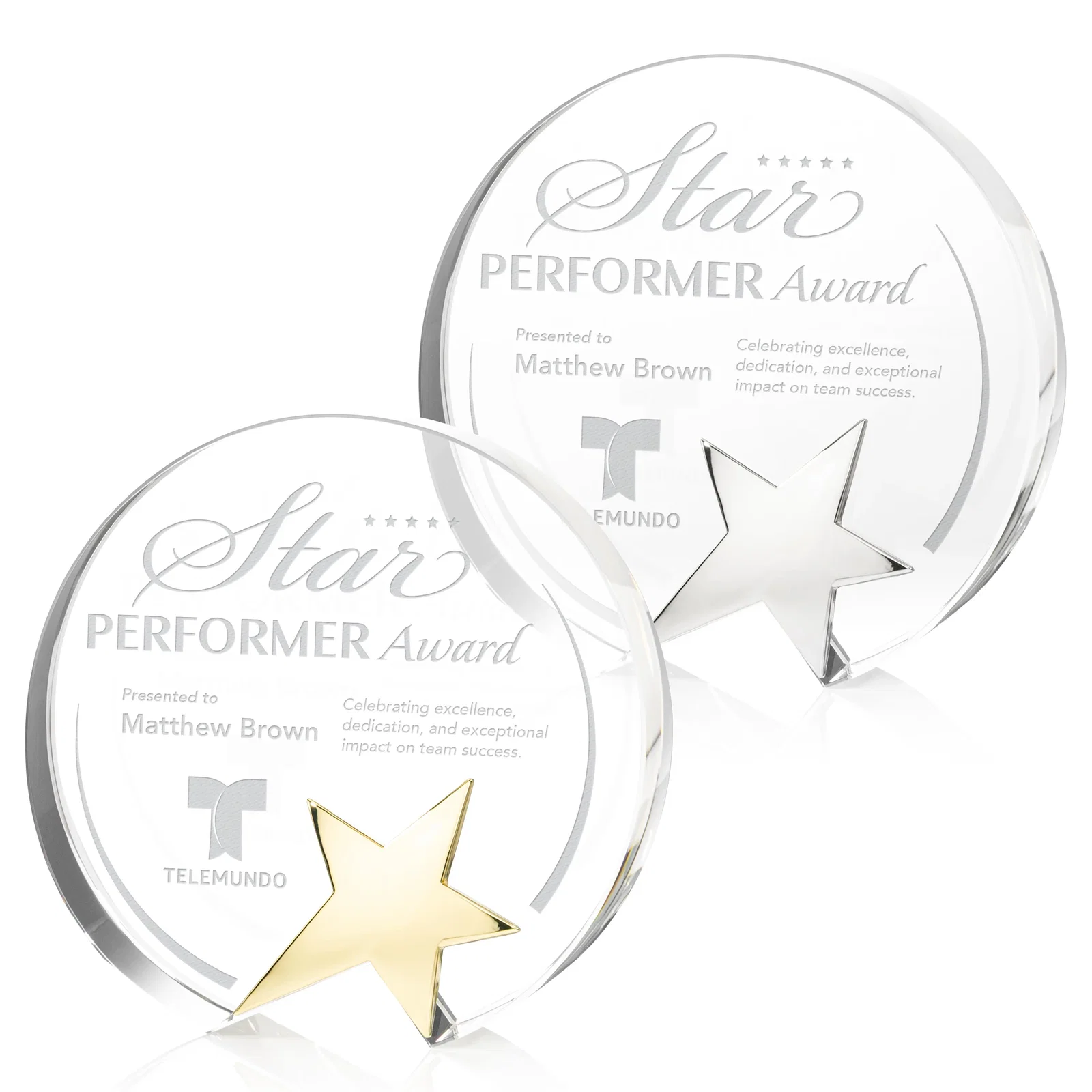 Custom Optical Crystal Round Award With Embedded Metallic Star for employee recognition