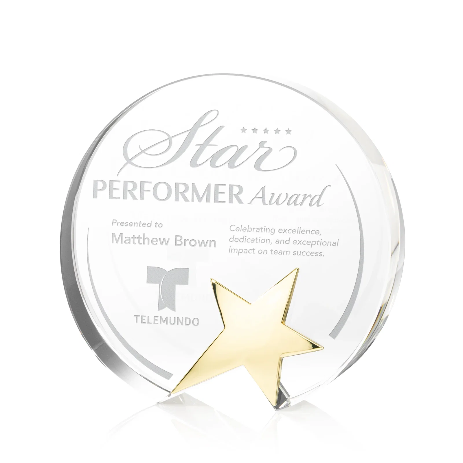 Custom Optical Crystal Round Award With Embedded Metallic Star for corporate award ceremonies