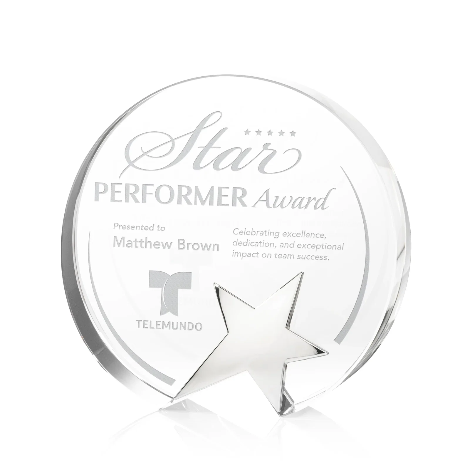 Custom Optical Crystal Round Award With Embedded Metallic Star for service anniversary gifts